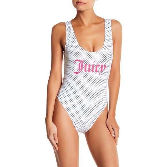 JUICY COUTURE Black Label Verbiage One-Piece Swimsuit SWIMWEAR Polka Dot ( L ) - Picture 1 of 2